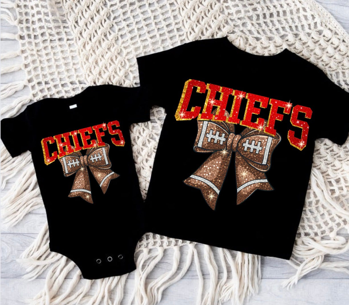 KC Chiefs Faux Glitter Bow Baby & Toddler T-Shirt