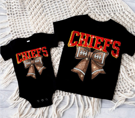 KC Chiefs Faux Glitter Bow Baby & Toddler T-Shirt